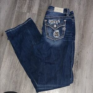 Miss Me Dark Blue Boot Cut Jeans with Leopard Accents Size 28